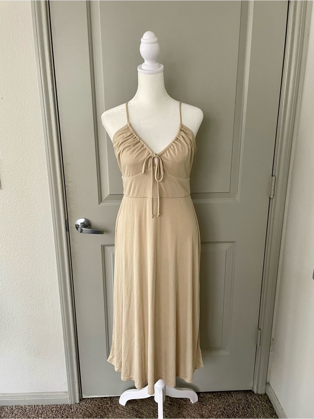 miami Beige Spaghetti-Strap Tie-Front Midi Dress